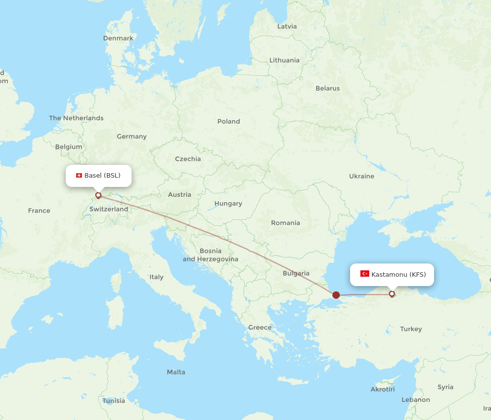 BSL to KFS flights and routes map
