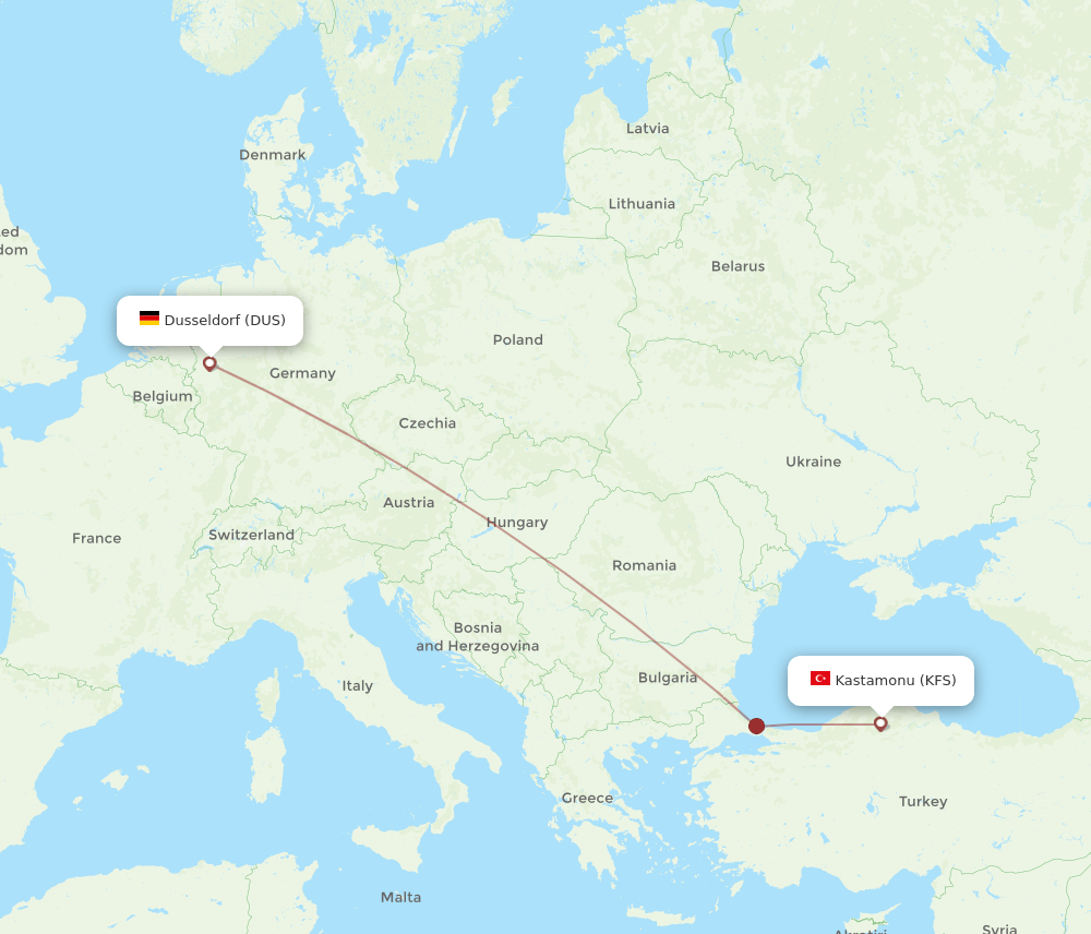 Dusseldorf - Kastamonu route map and flight paths