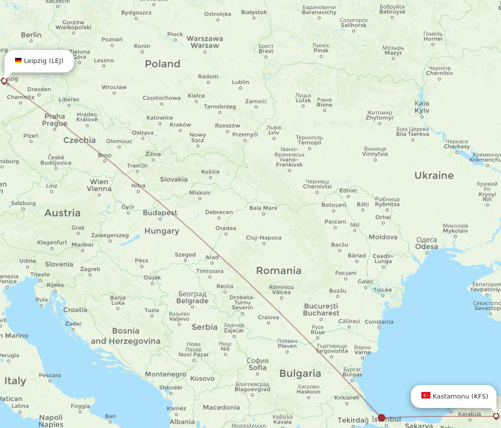 LEJ to KFS flights and routes map