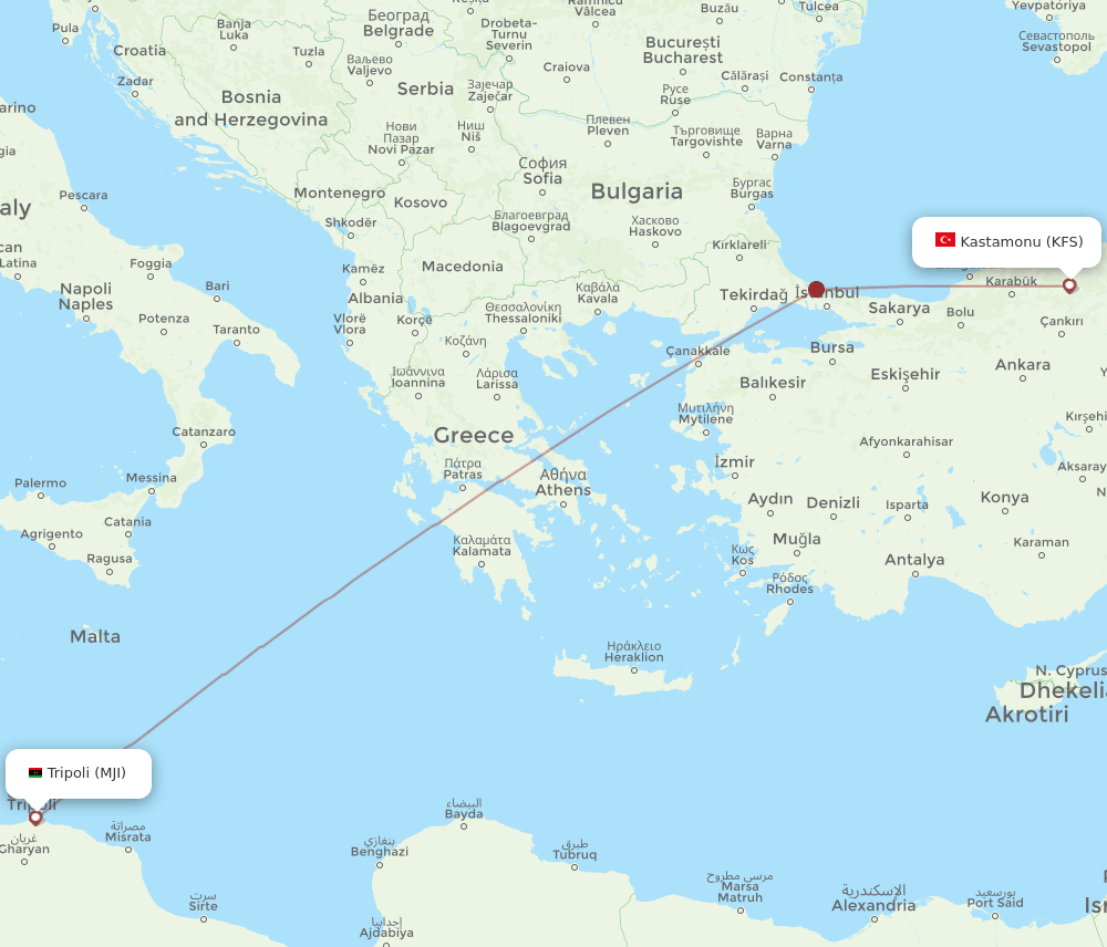 KFS to MJI flights and routes map