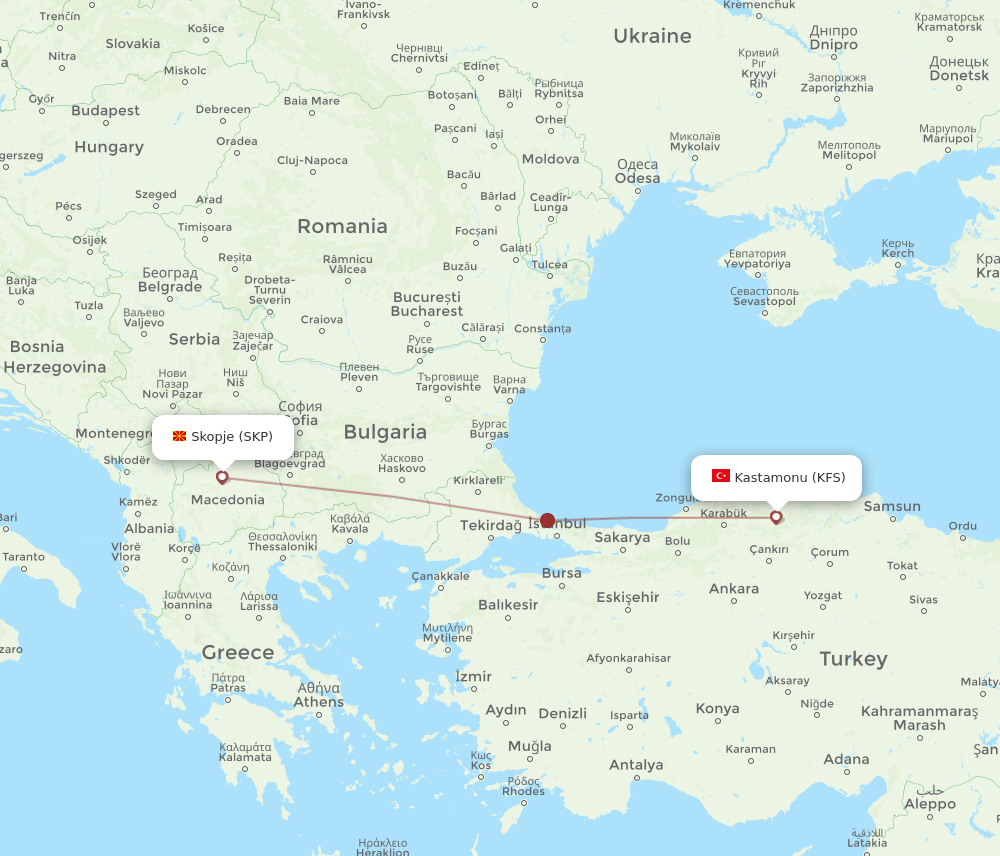 Skopje - Kastamonu route map and flight paths