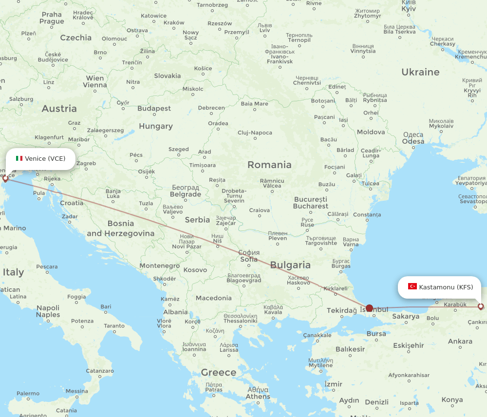 VCE to KFS flights and routes map