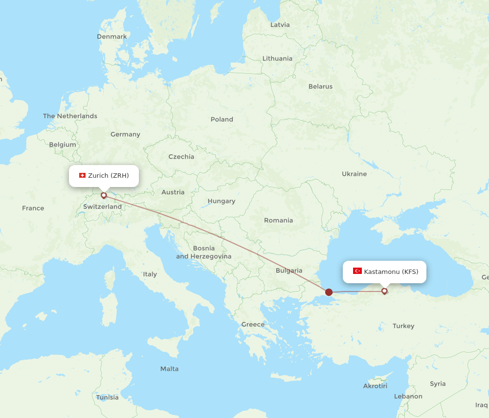 Zurich - Kastamonu route map and flight paths