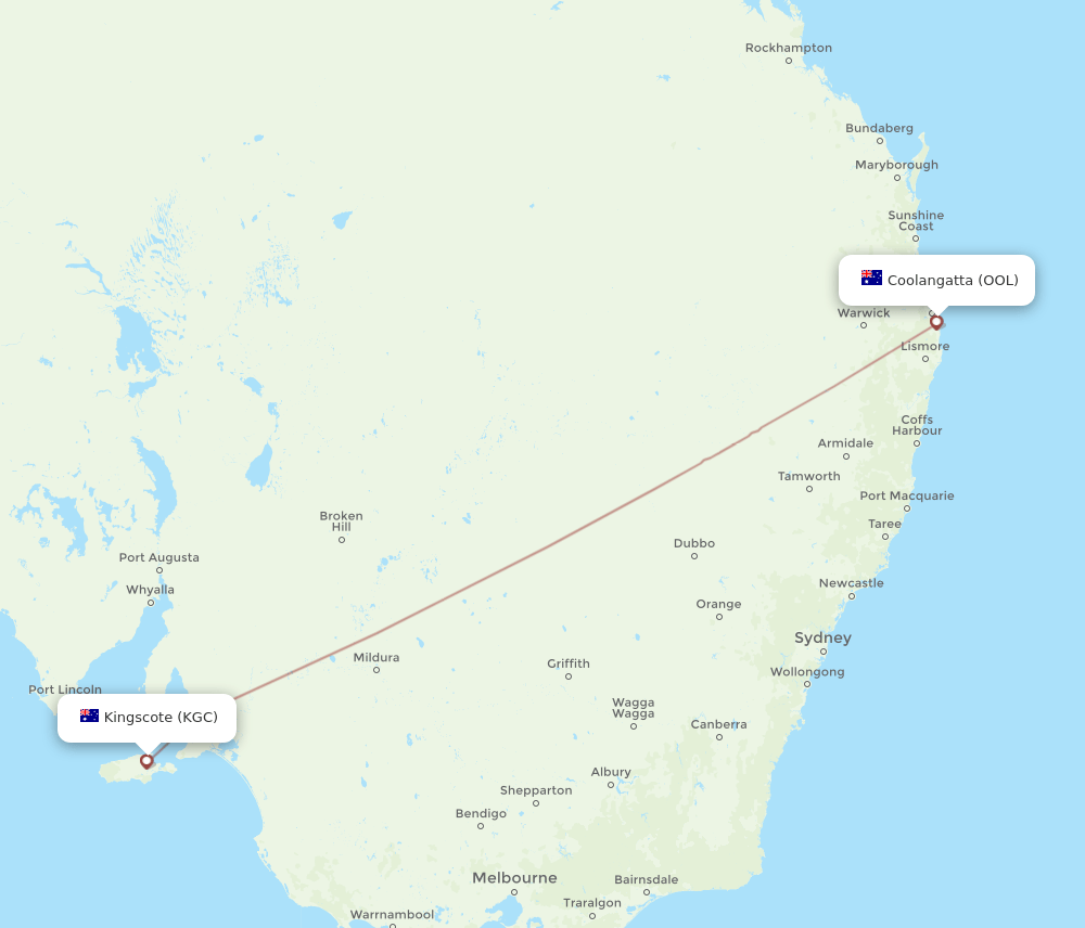 Coolangatta (Gold Coast) - Kingscote route map and flight paths
