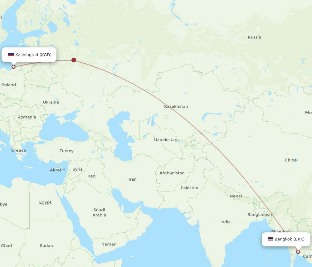 Bangkok - Kaliningrad route map and flight paths