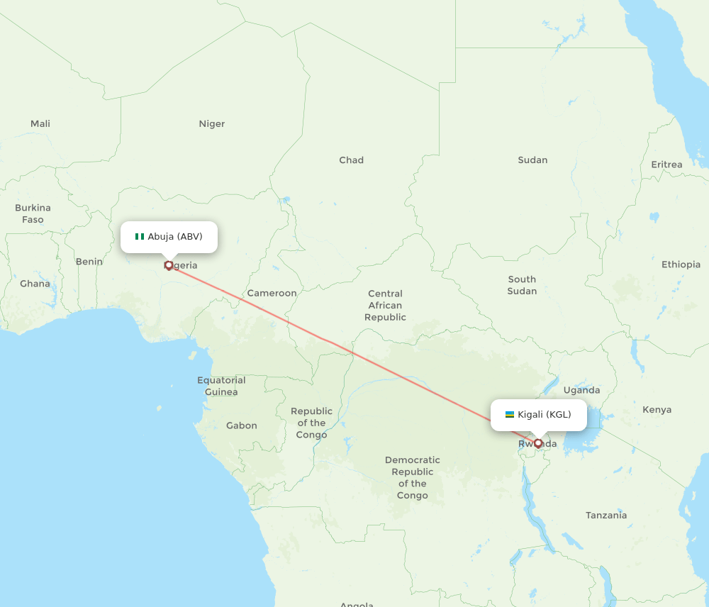Abuja - Kigali route map and flight paths