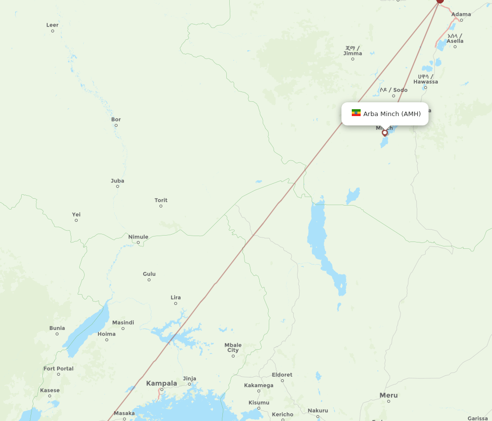 Arba Mintch - Kigali route map and flight paths