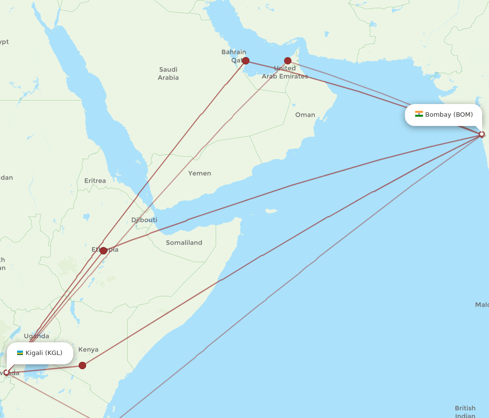KGL-BOM flight routes