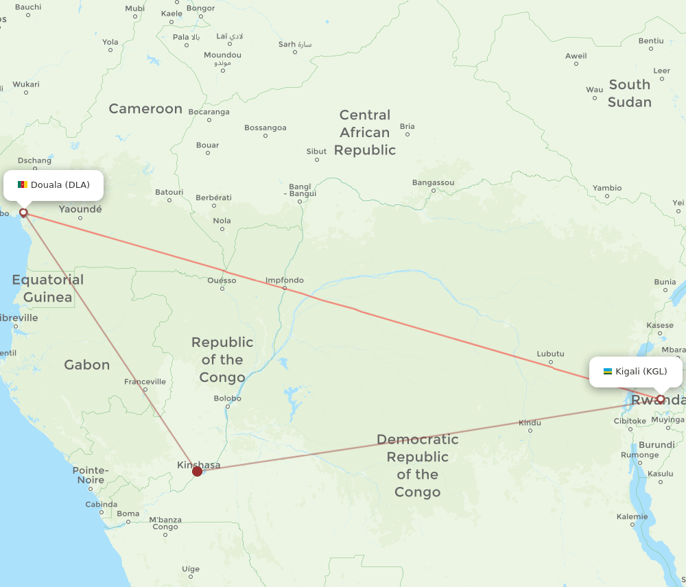 Kigali - Douala route map and flight paths