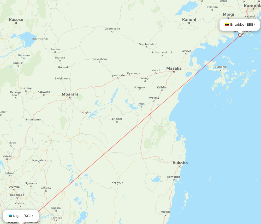 Kigali - Entebbe route map and flight paths
