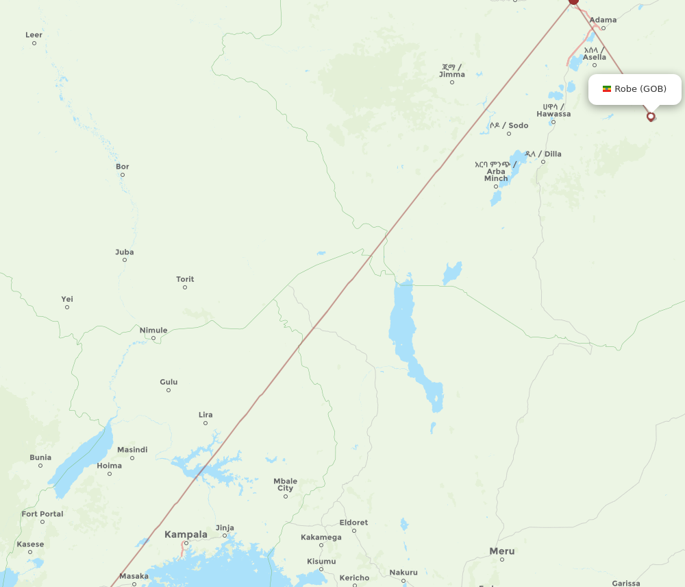 GOB to KGL flights and routes map