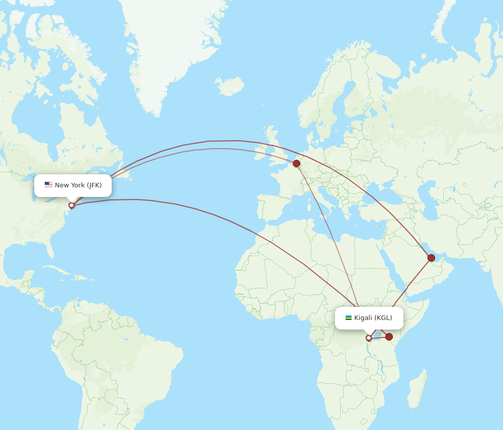 KGL to JFK flights and routes map
