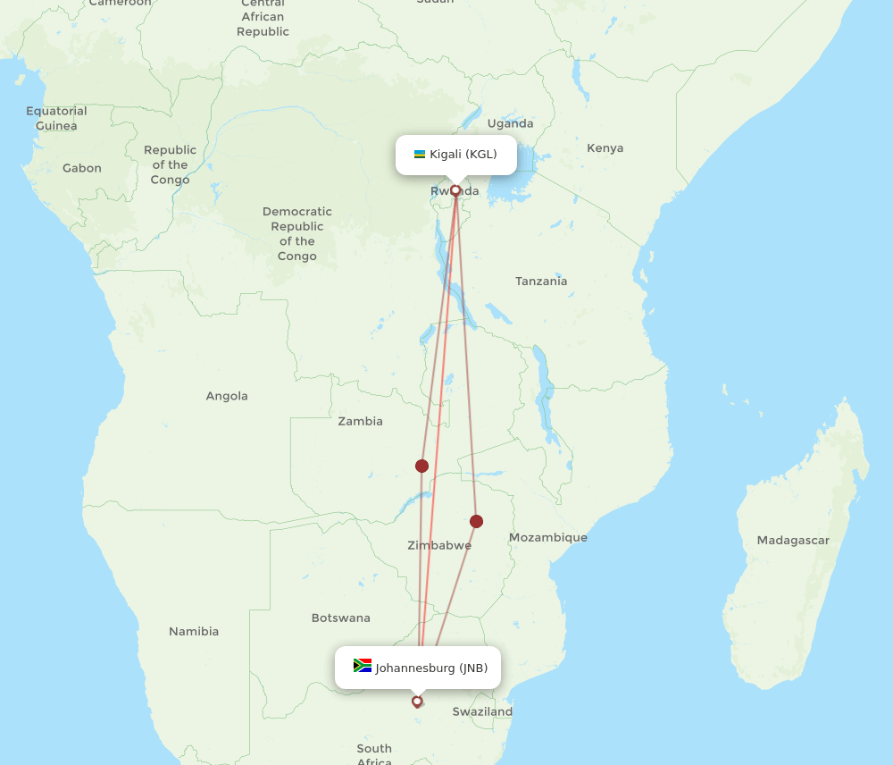 KGL to JNB flights and routes map