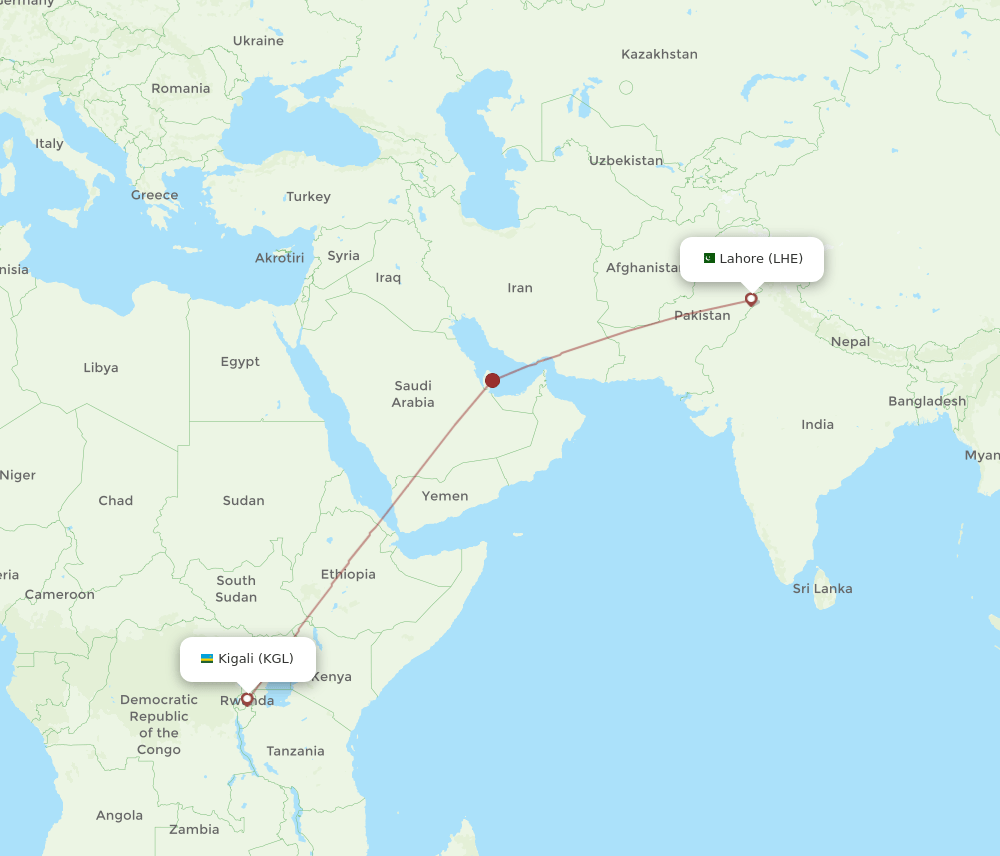KGL to LHE flights and routes map