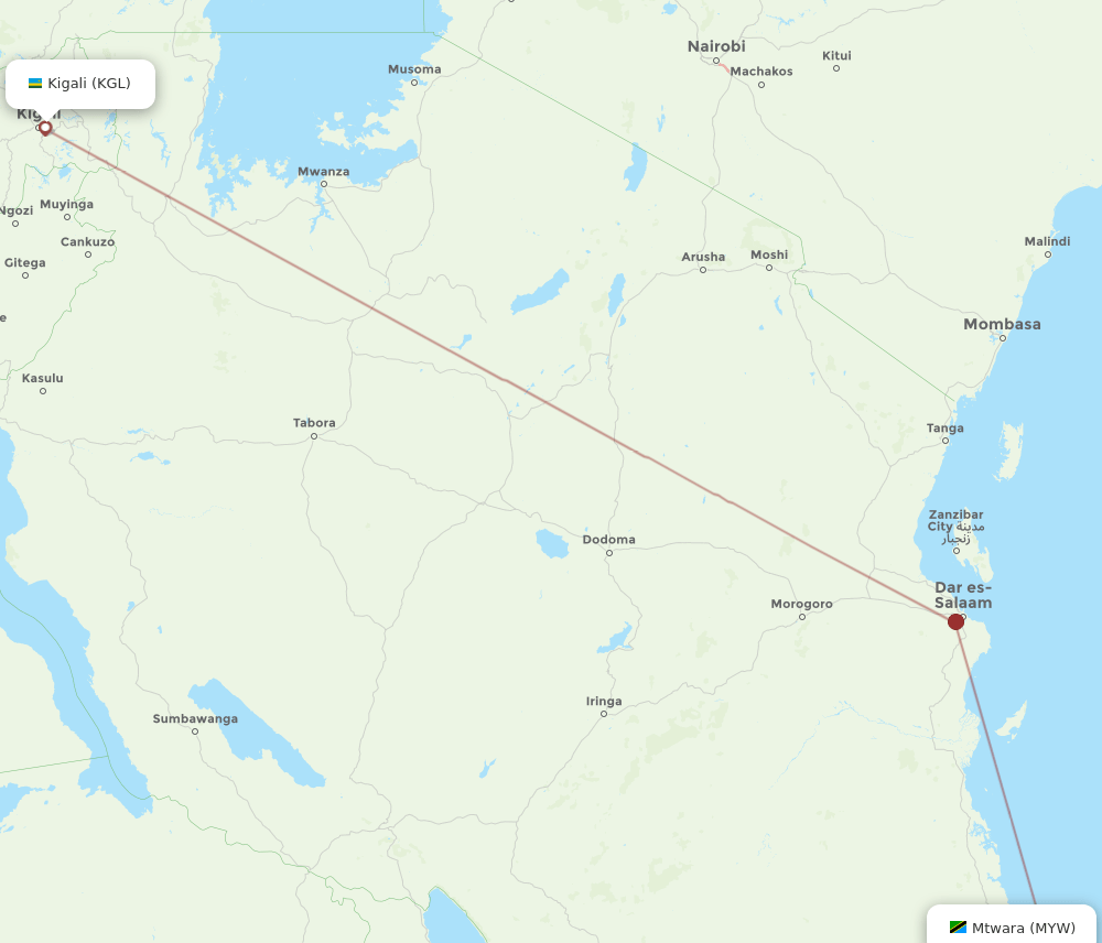 Kigali - Mtwara route map and flight paths