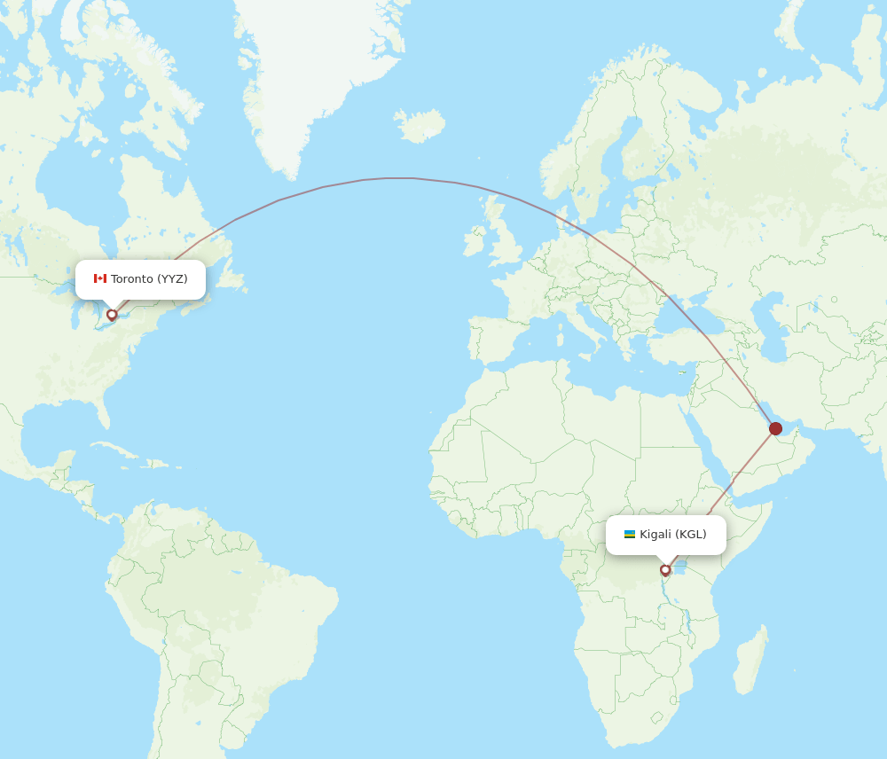 Toronto - Kigali route map and flight paths