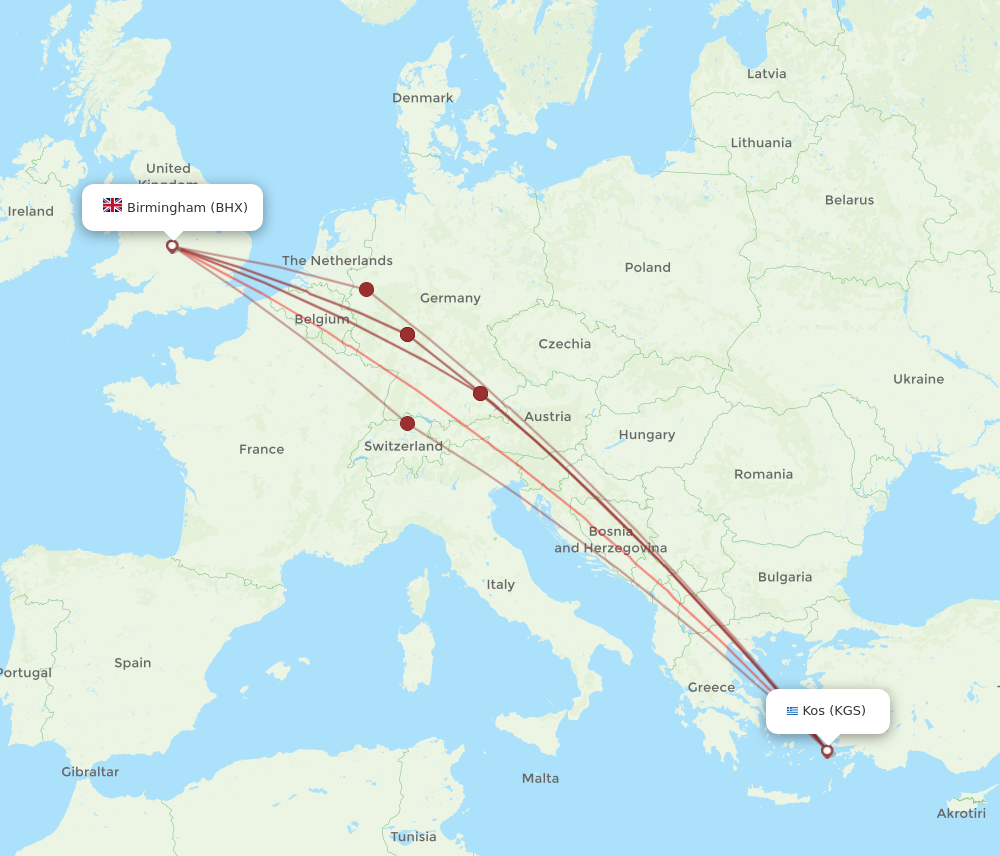 KGS to BHX flights and routes map