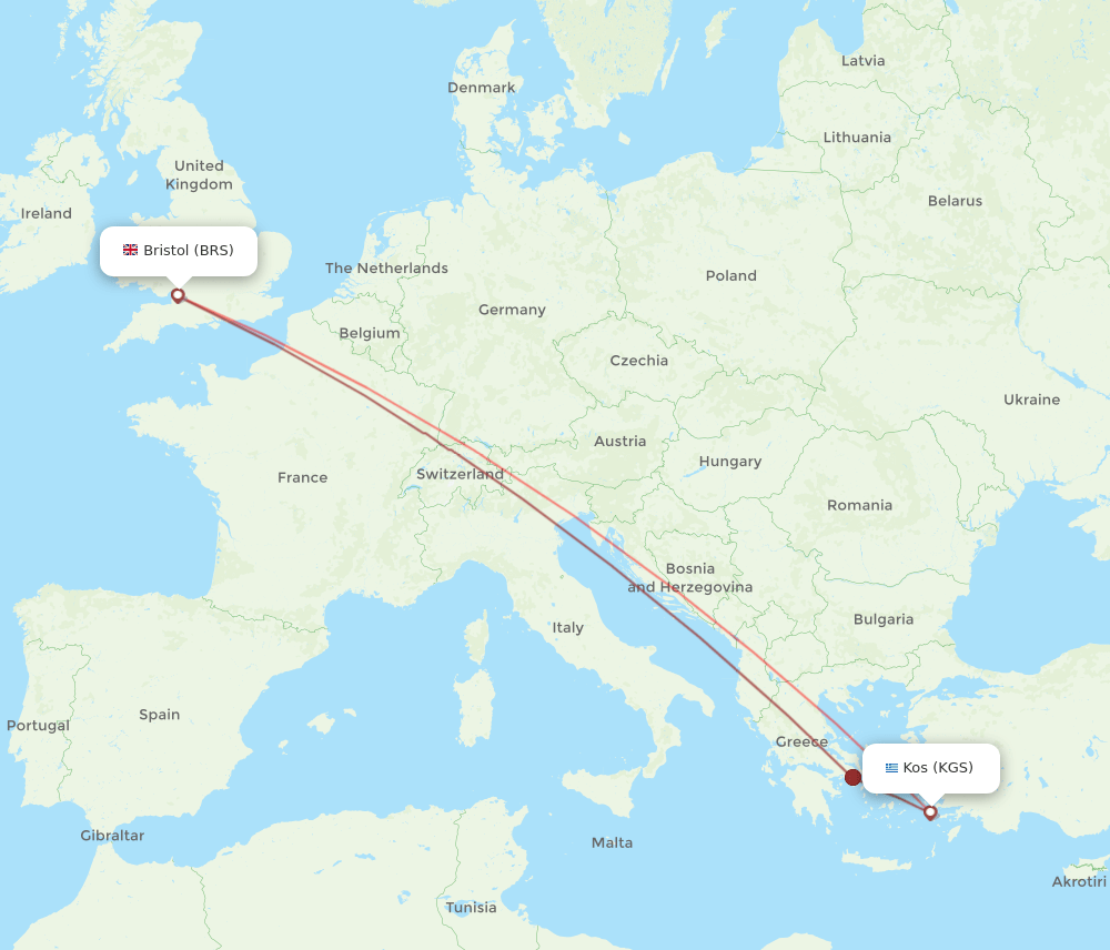 Kos - Bristol route map and flight paths