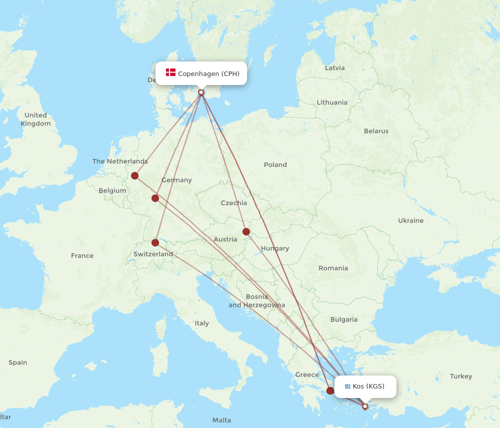 KGS-CPH flight routes