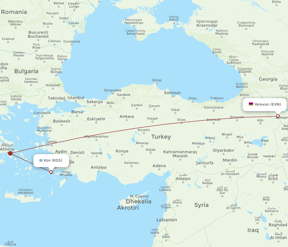 KGS-EVN flight routes