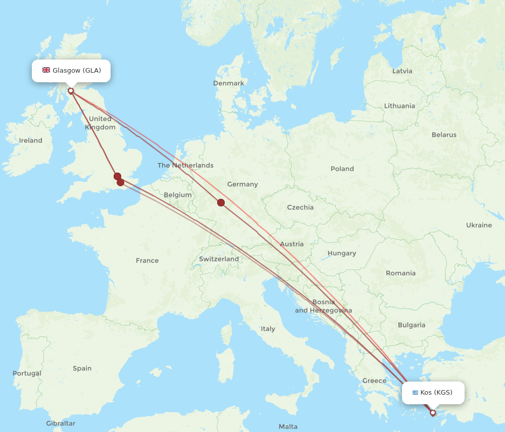 KGS to GLA flights and routes map