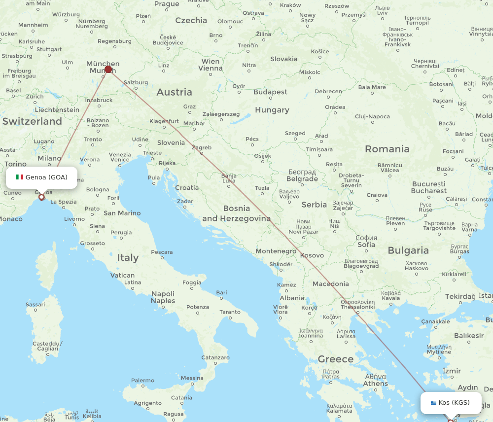 Genoa - Kos route map and flight paths