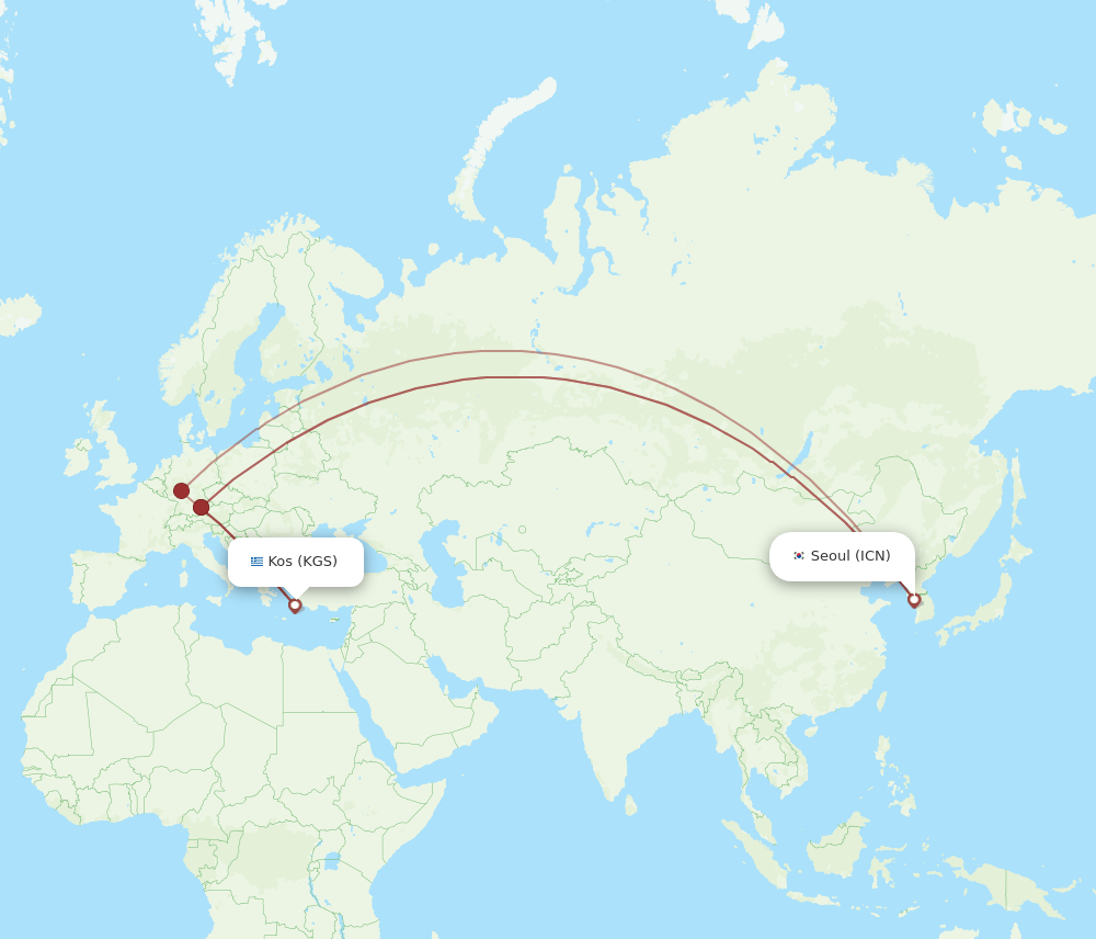 Seoul - Kos route map and flight paths