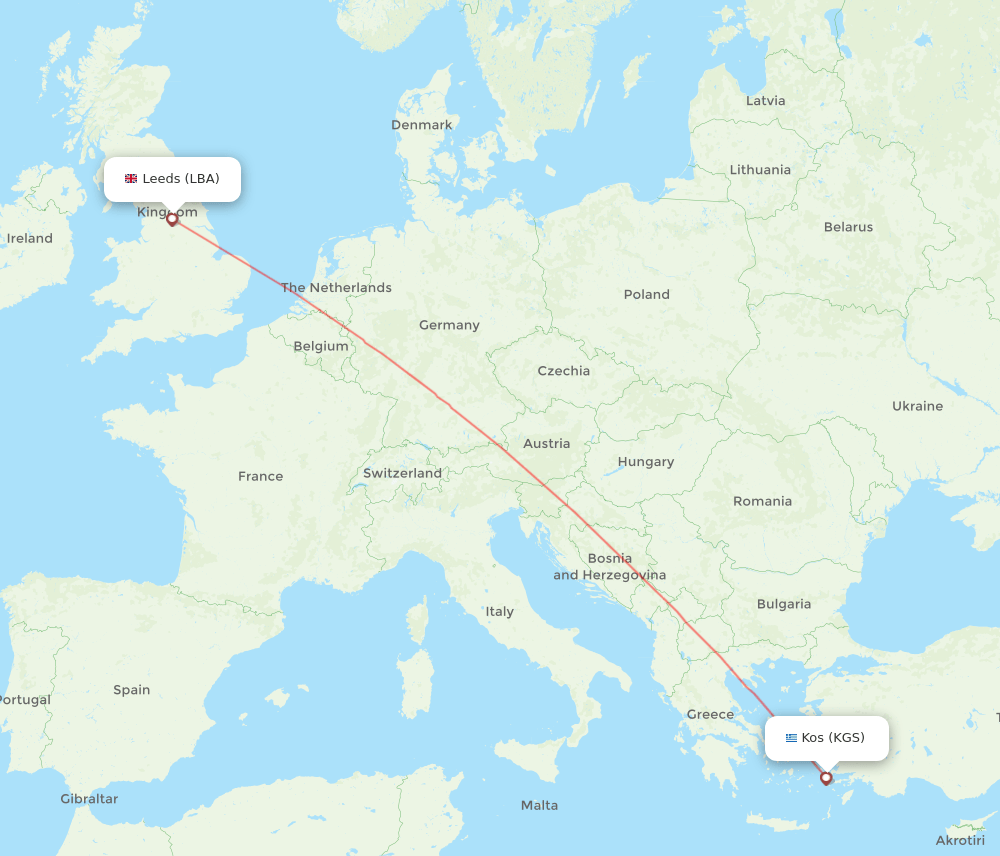 Kos - Leeds route map and flight paths