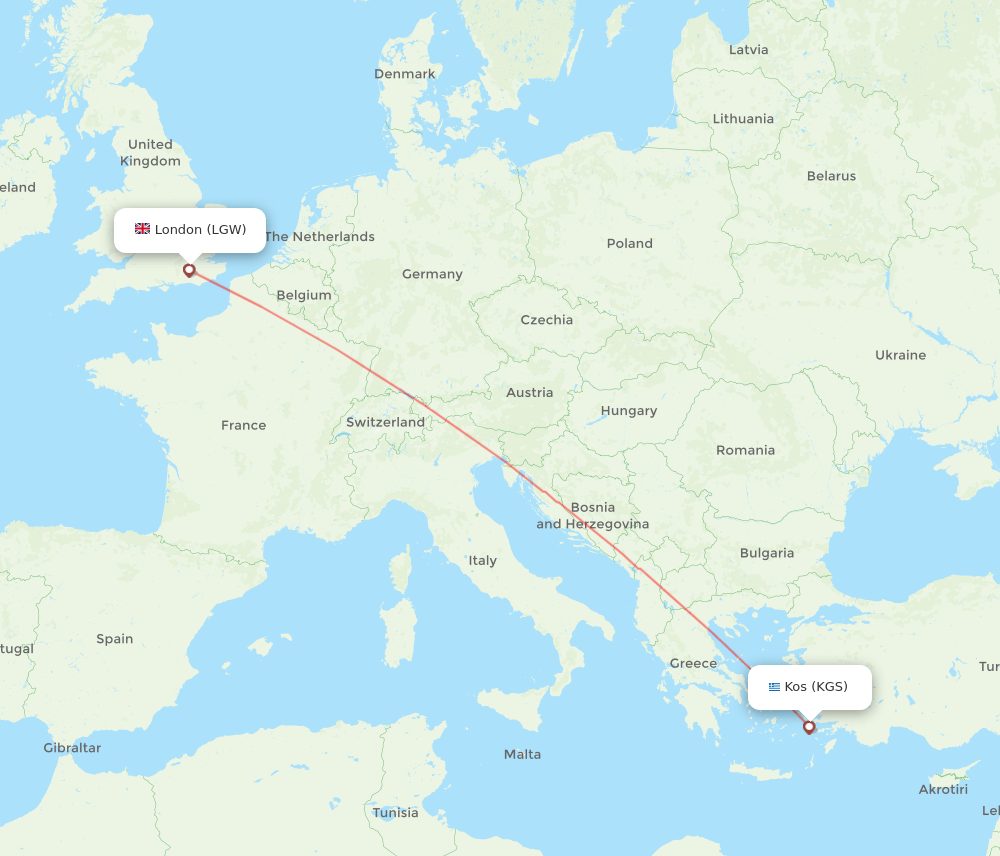 KGS to LGW flights and routes map