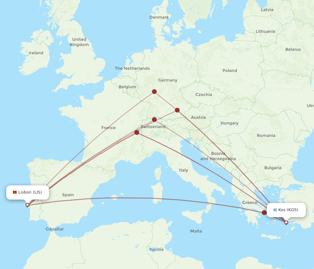KGS-LIS flight routes