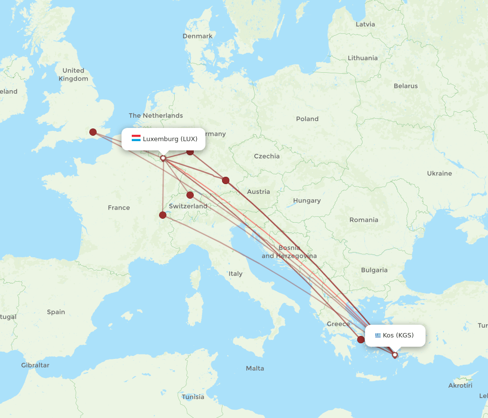 KGS to LUX flights and routes map