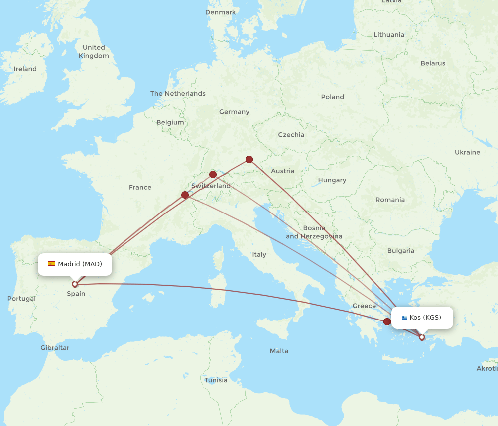 KGS to MAD flights and routes map