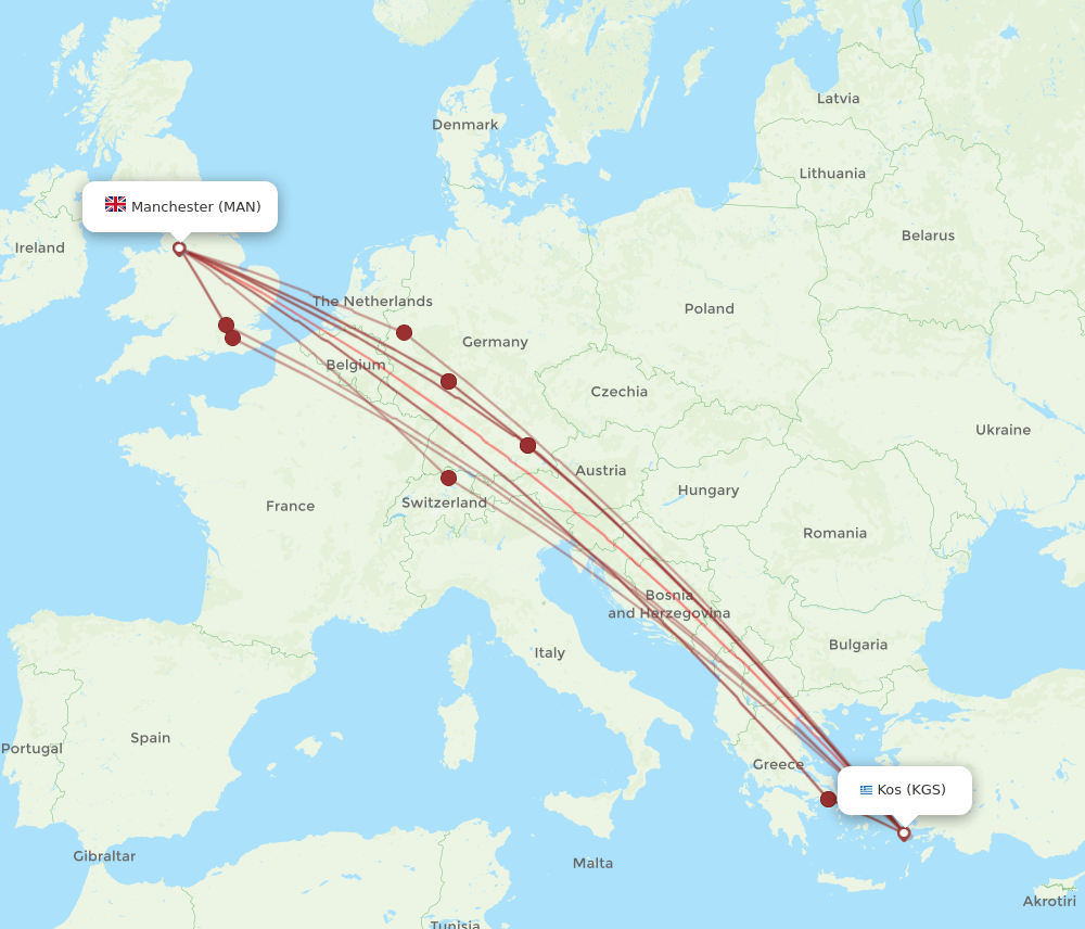 KGS-MAN flight routes