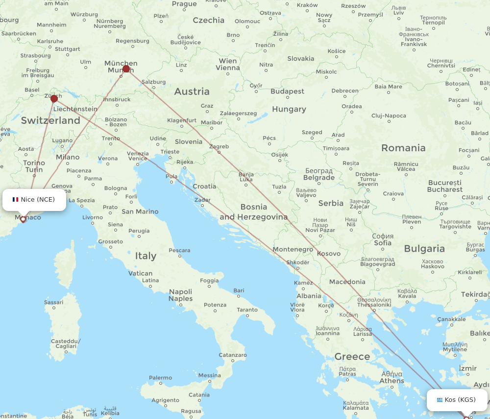 KGS to NCE flights and routes map