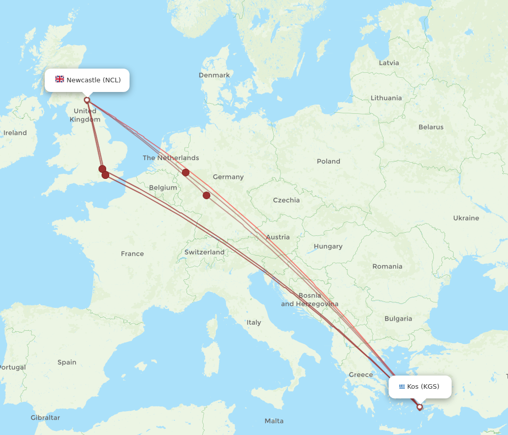 KGS to NCL flights and routes map