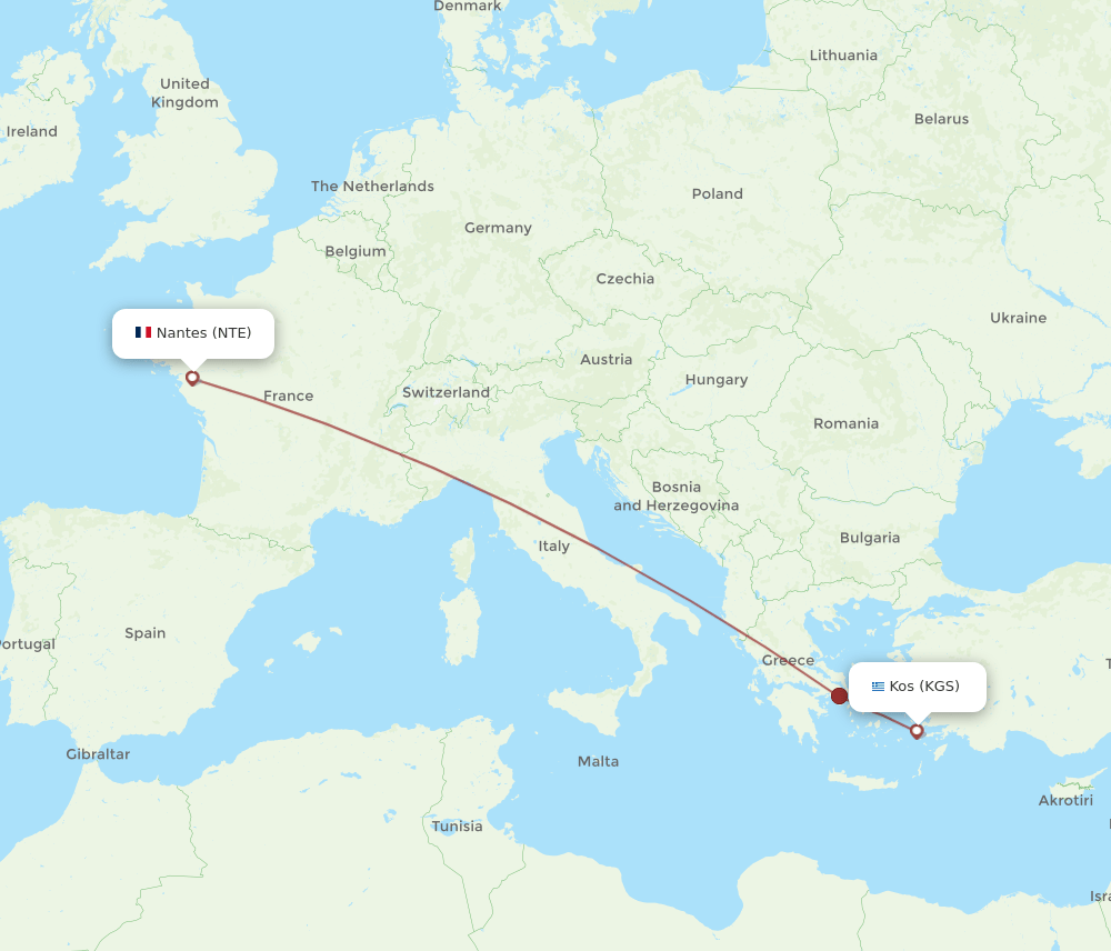 KGS to NTE flights and routes map