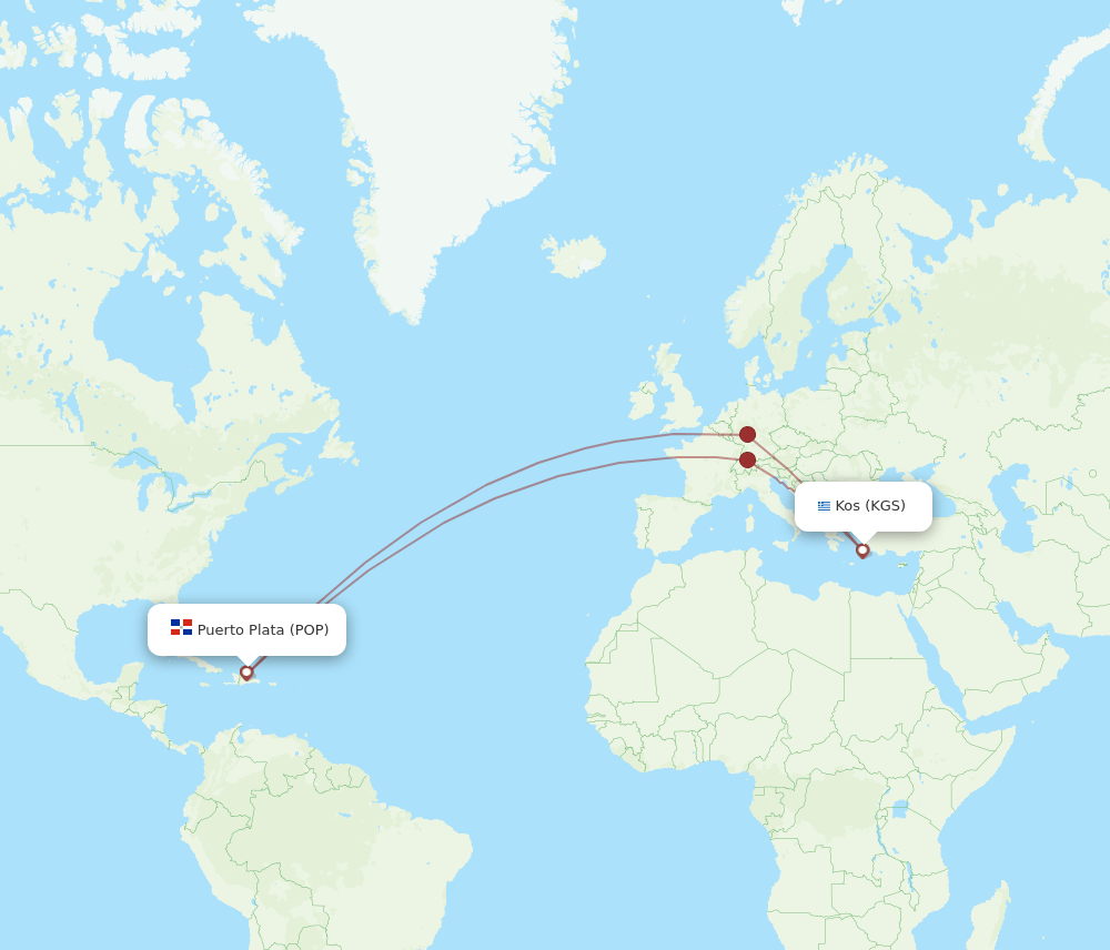 Kos - Puerto Plata route map and flight paths