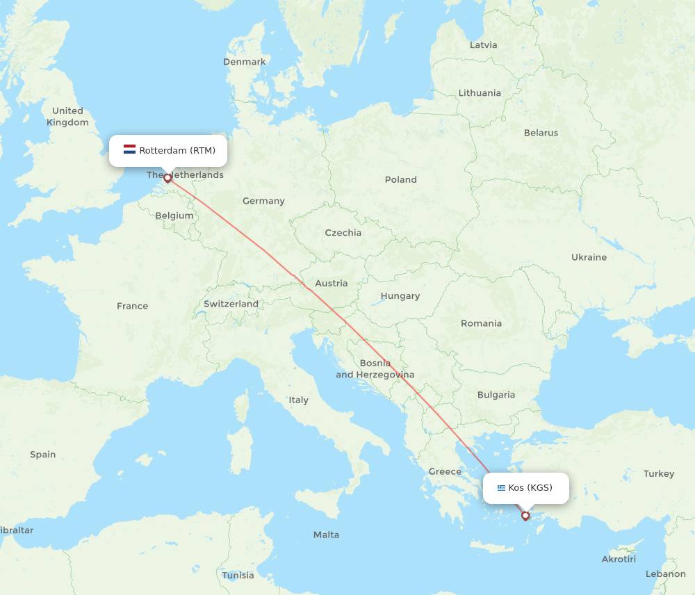 Kos - Rotterdam route map and flight paths