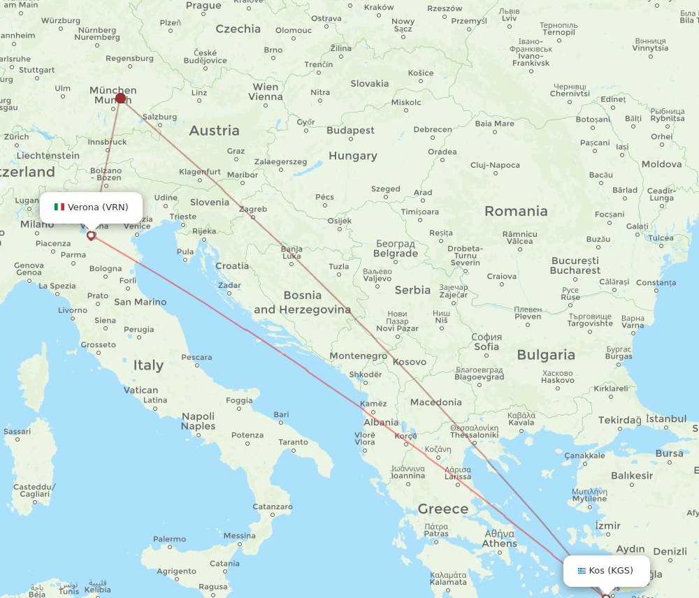Verona - Kos route map and flight paths