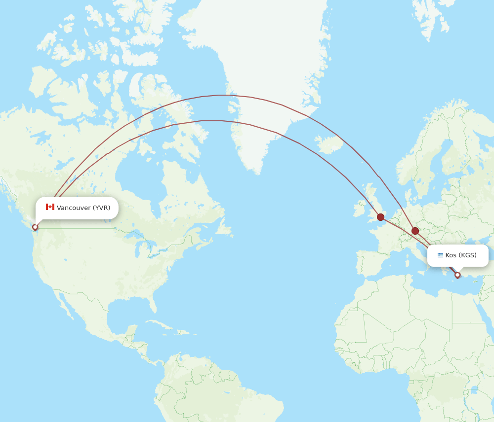 KGS to YVR flights and routes map