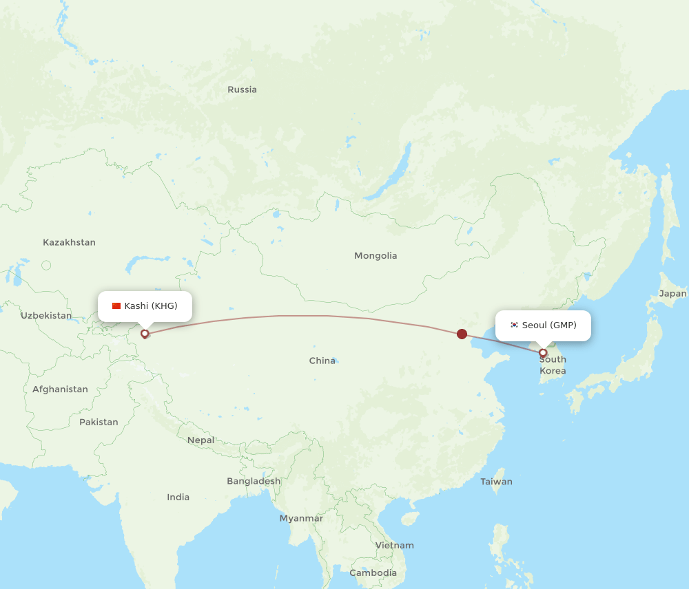 Seoul - Kashi route map and flight paths