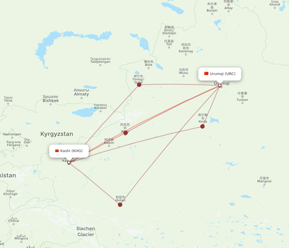 KHG to URC flights and routes map