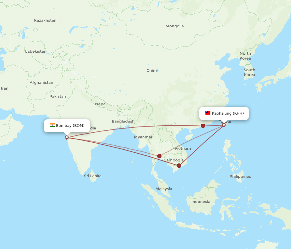 KHH to BOM flights and routes map