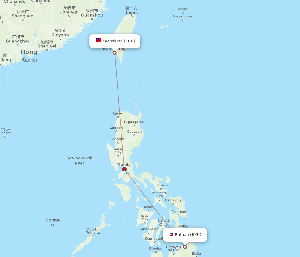 BXU to KHH flights and routes map