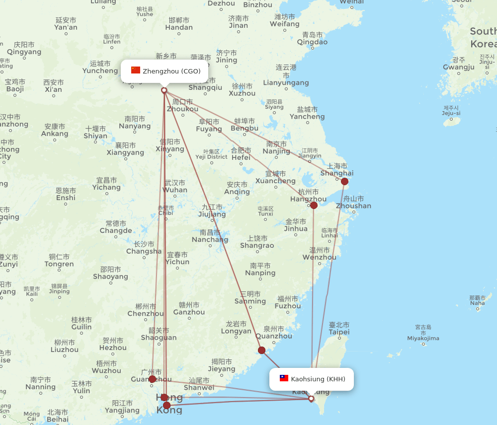 KHH to CGO flights and routes map