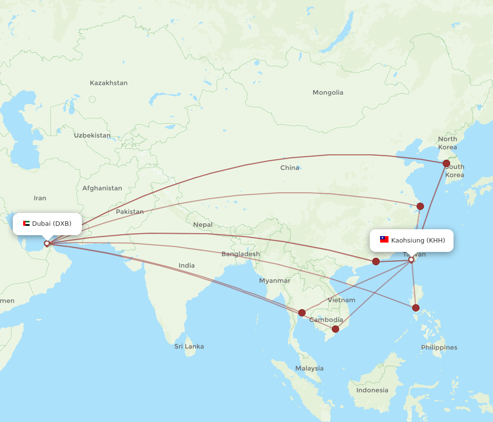 KHH to DXB flights and routes map