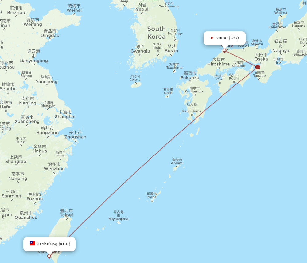 KHH to IZO flights and routes map