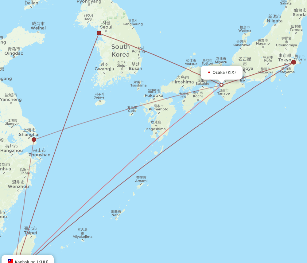 KHH to KIX flights and routes map