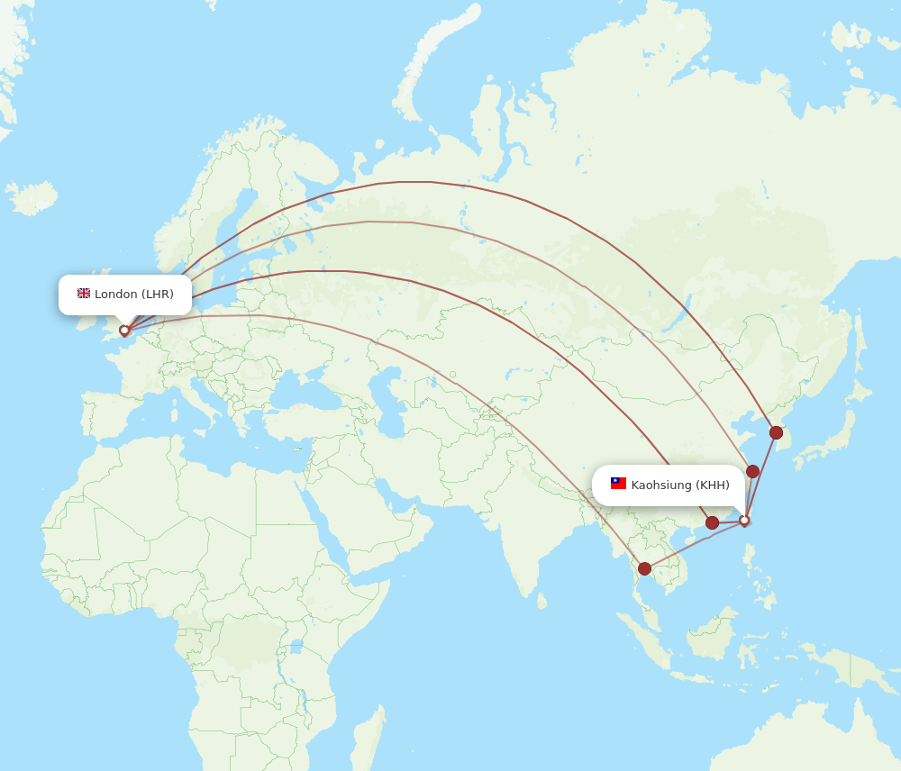 KHH to LHR flights and routes map