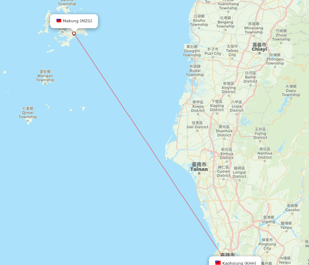 KHH to MZG flights and routes map